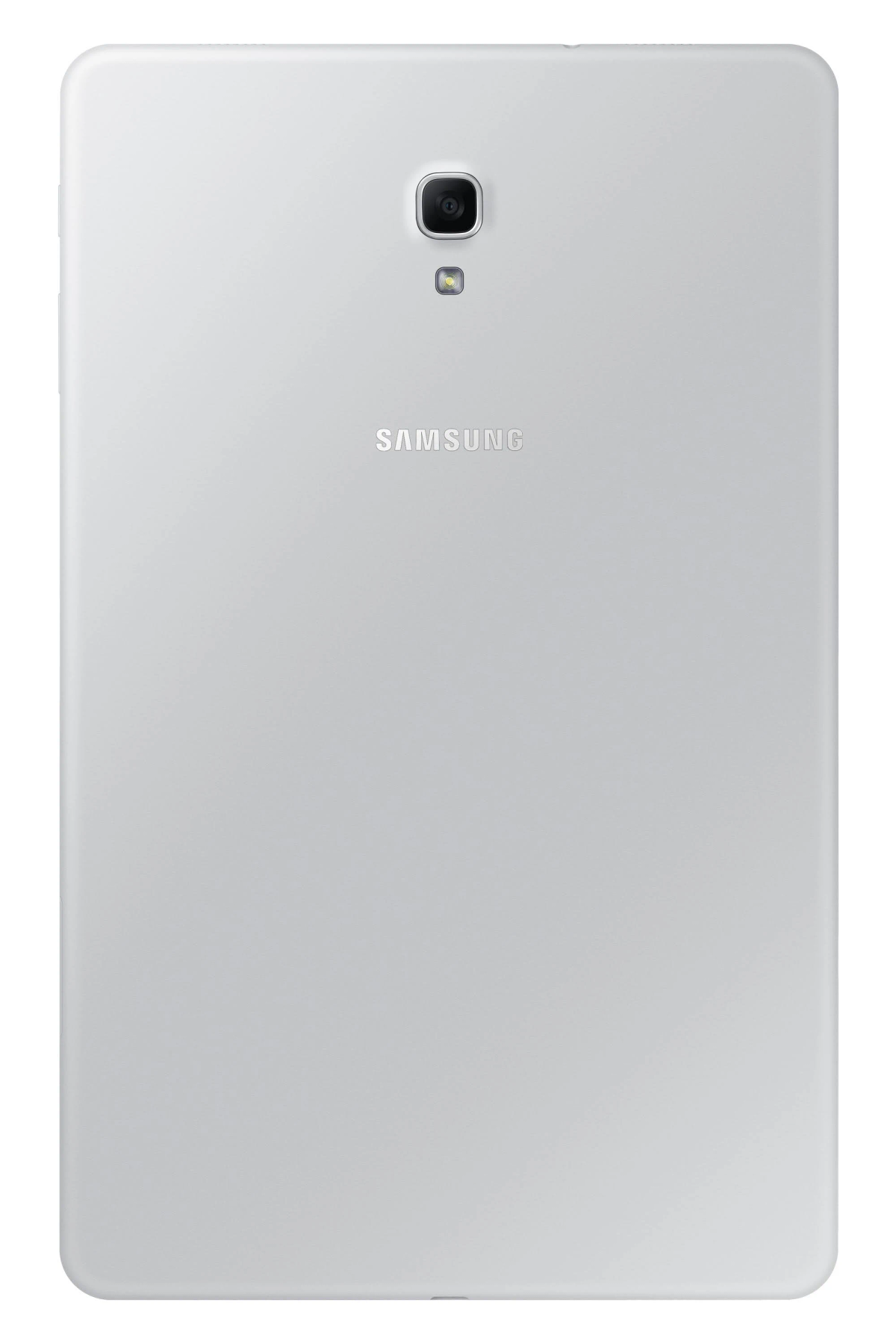 Tył białego tabletu z aparatem i logo Samsung.