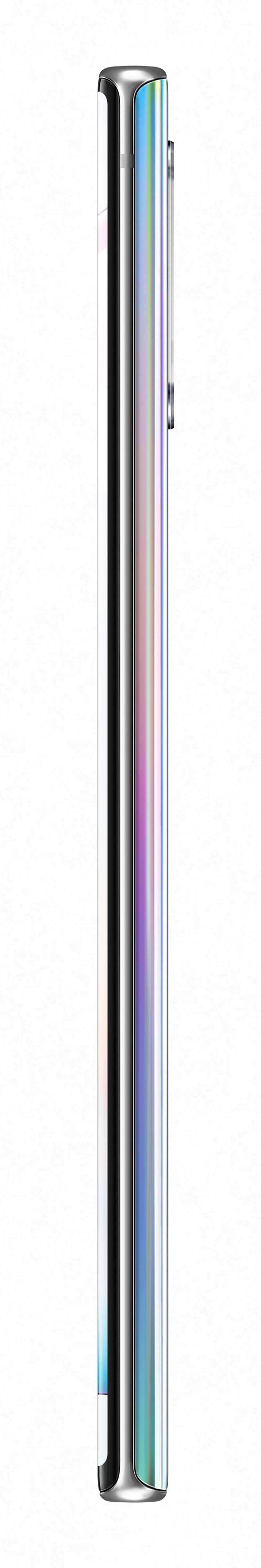 Seitenansicht eines silbernen Smartphones. Das Gerät ist schlank und hat ein langes, dünnes Design.
