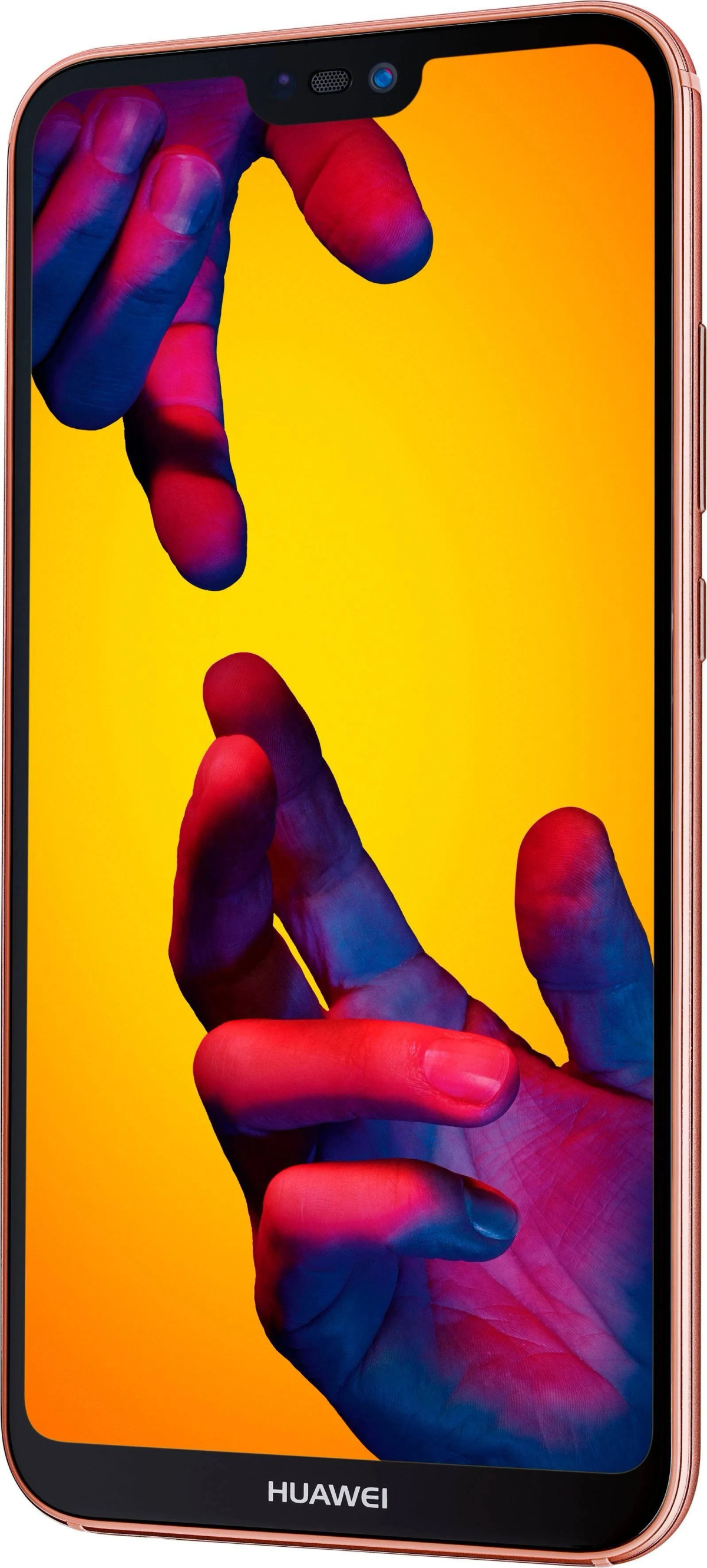 Złoty smartfon z wyciągniętymi dłońmi na żółto-pomarańczowym tle.