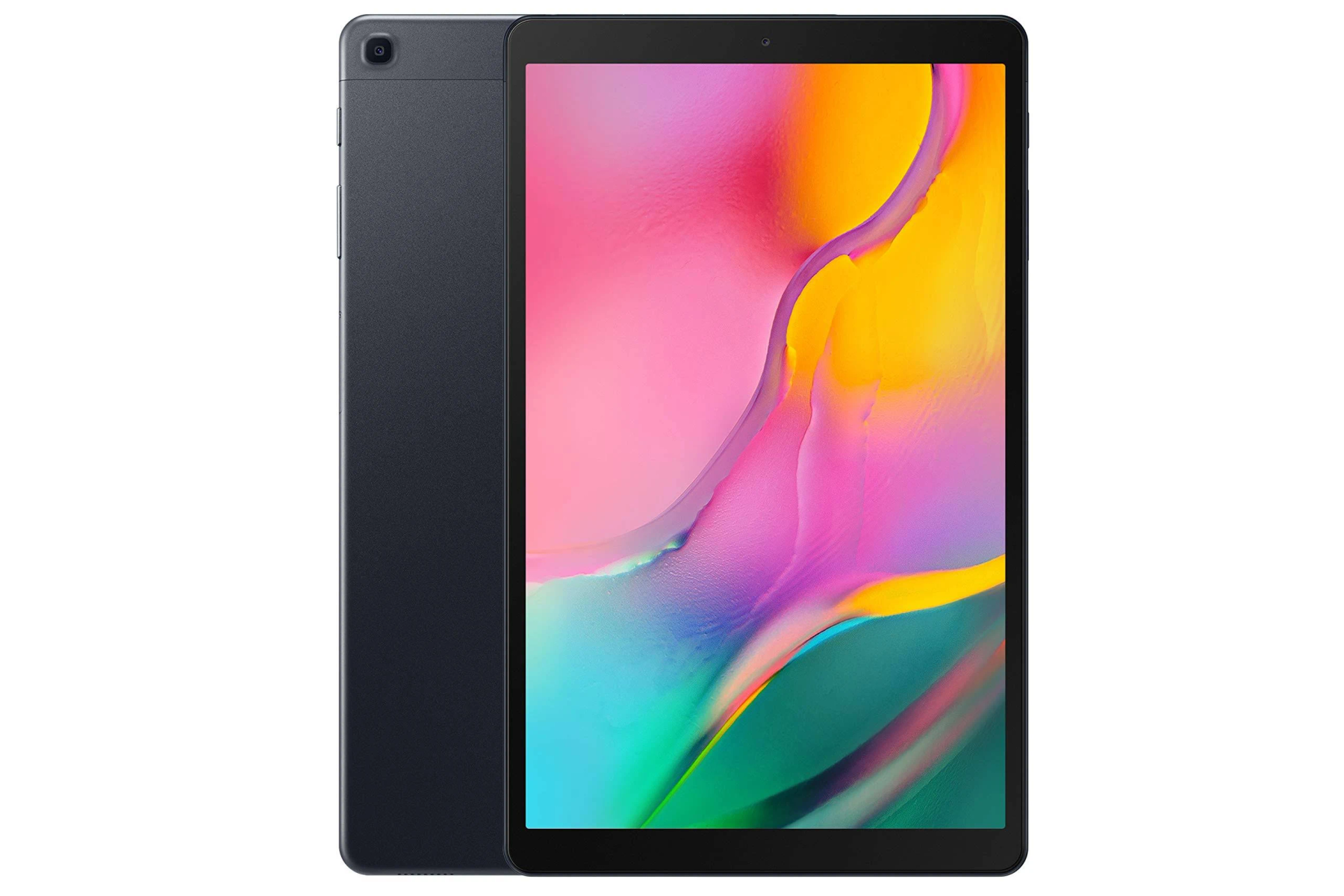 Un tablet con schermo colorato e retro blu scuro, su sfondo bianco.