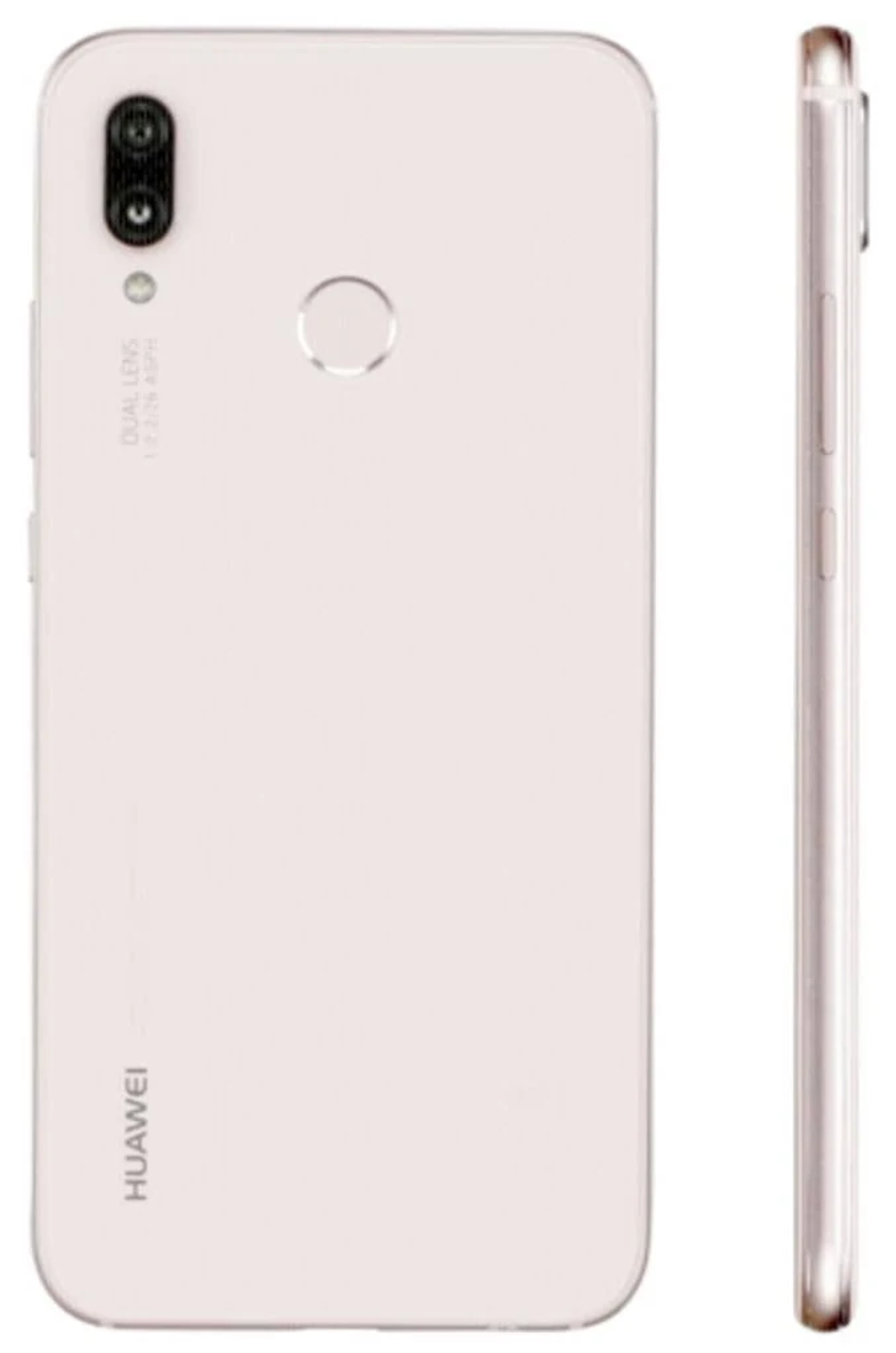 Biało-różowy smartfon, widok z boku. Widoczny aparat z podwójnym obiektywem i logo Huawei. Białe tło.