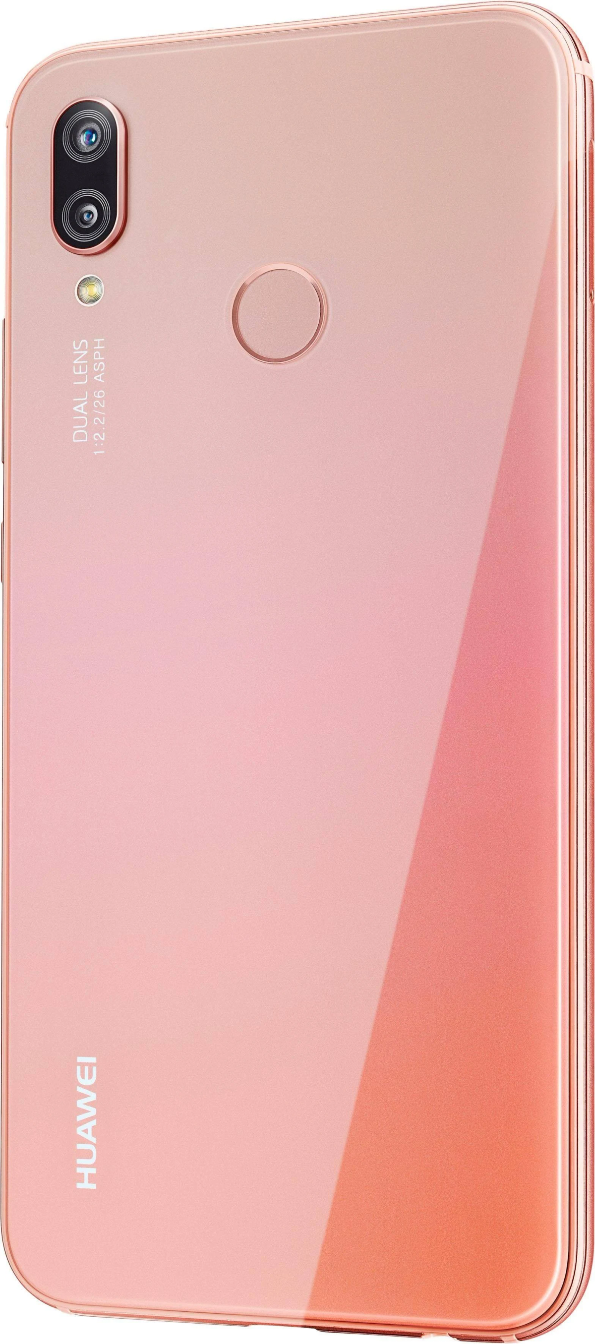 Różowy smartfon z podwójnym aparatem i błyszczącym, gradientowym tyłem.