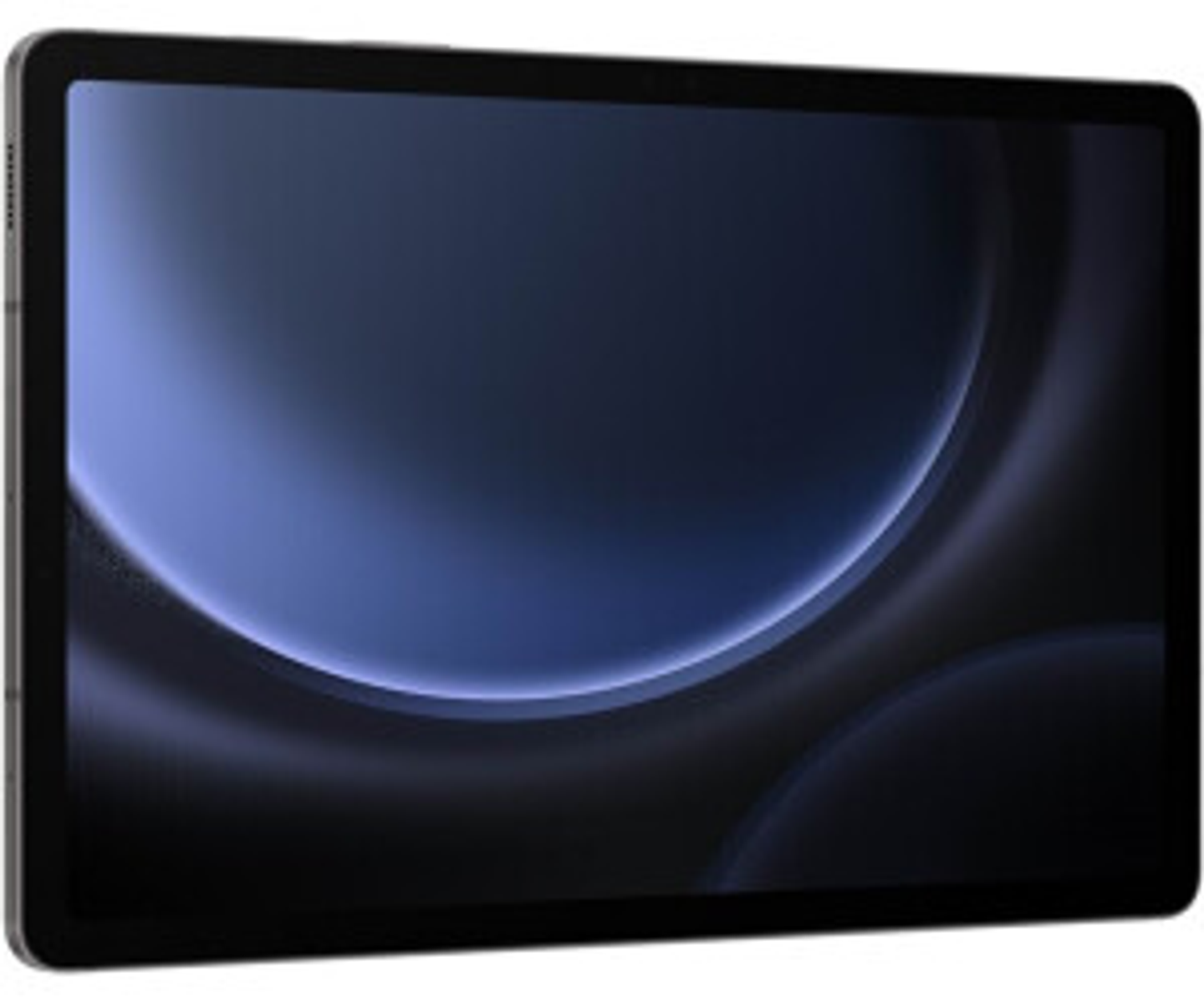 Dispositivo tablet con schermo blu scuro e bianco, e bordo argentato.