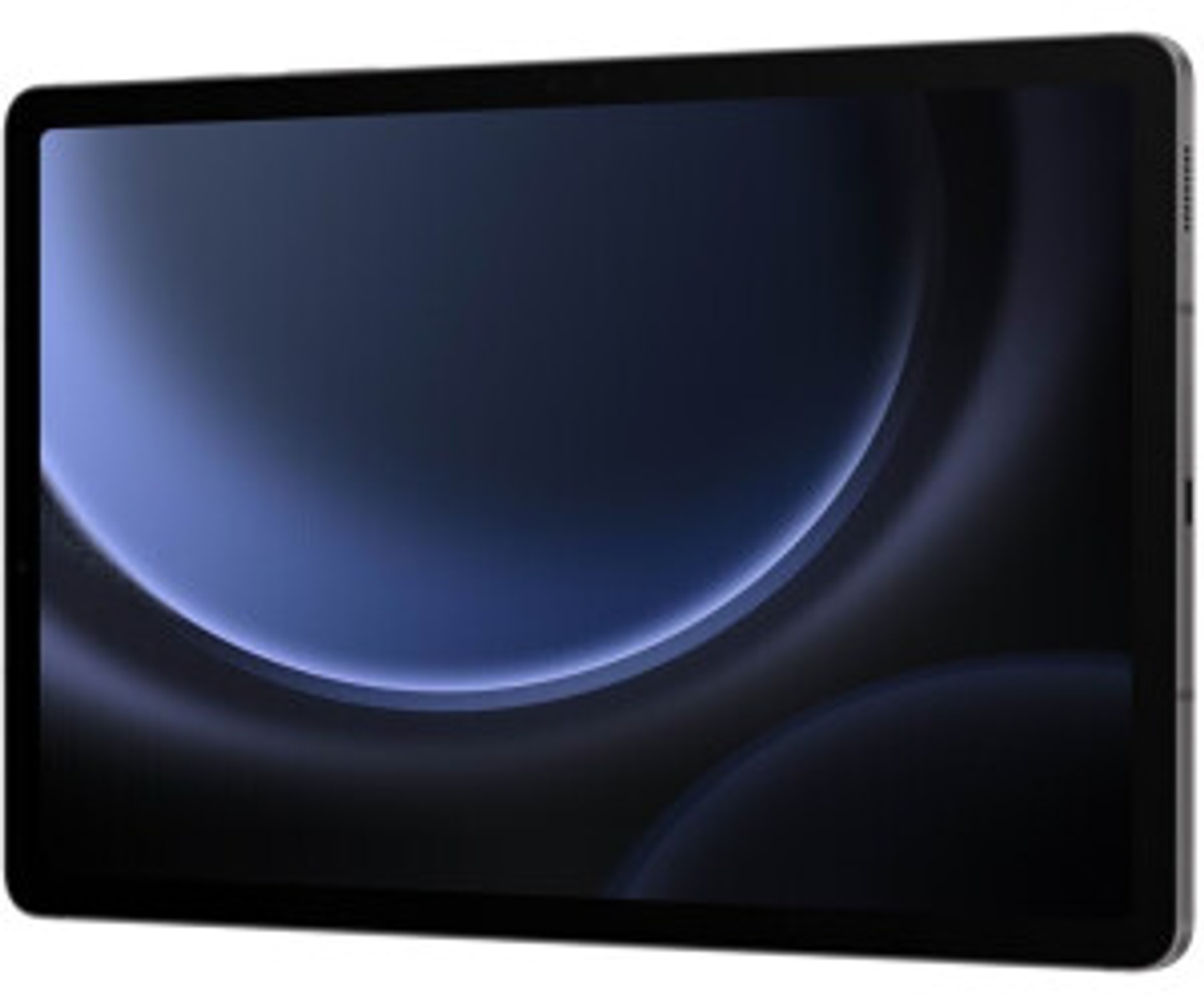 Un tablet che mostra uno sfondo astratto blu scuro e blu chiaro.