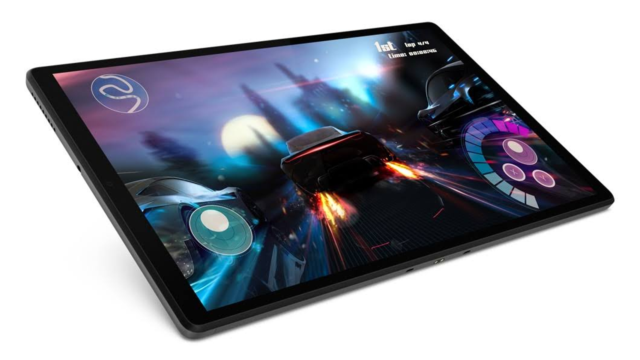 Tablet z grą wyścigową. Samochody na ekranie. Czarny tablet na białym tle.