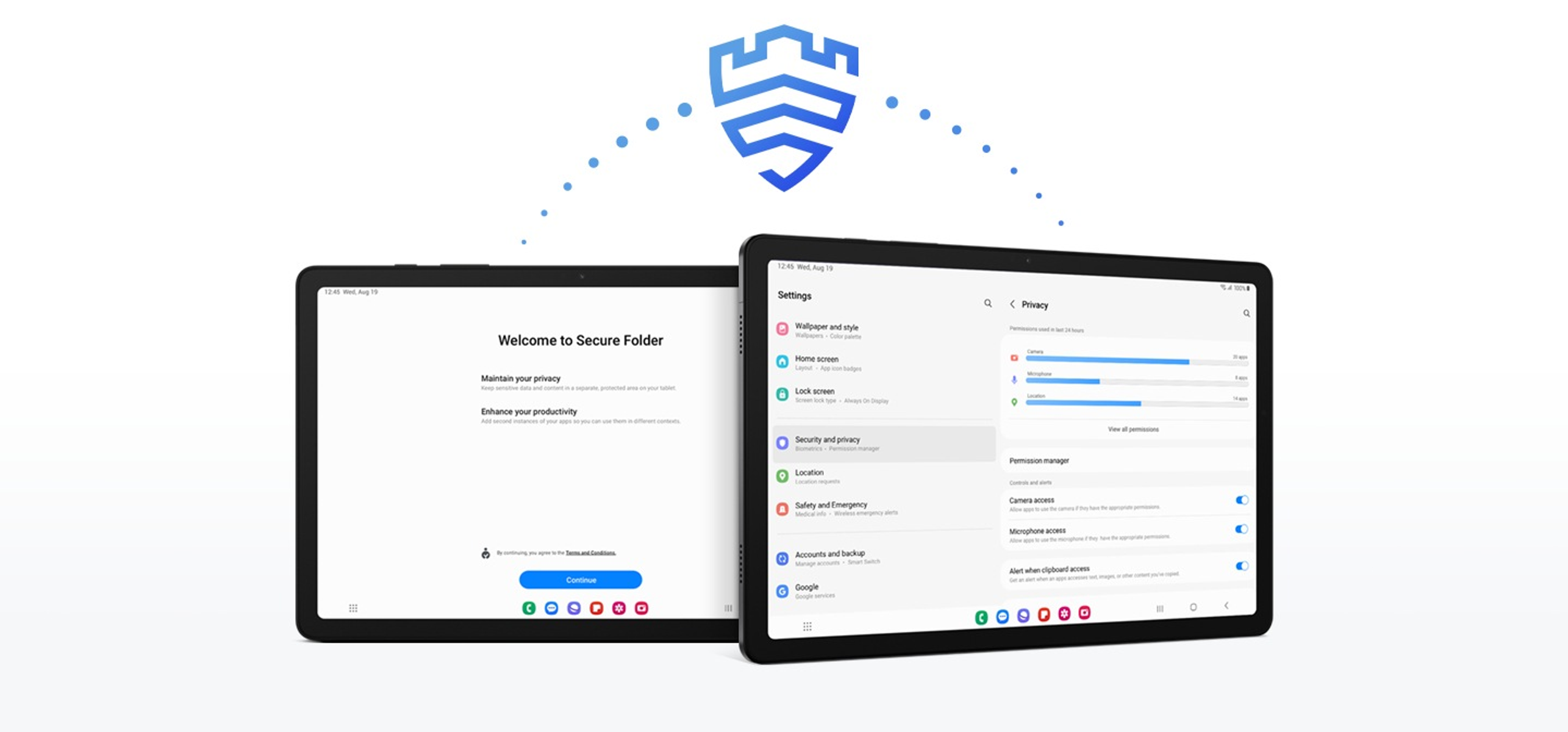Dwa czarne tablety wyświetlające interfejs użytkownika z logo Secure Folder.