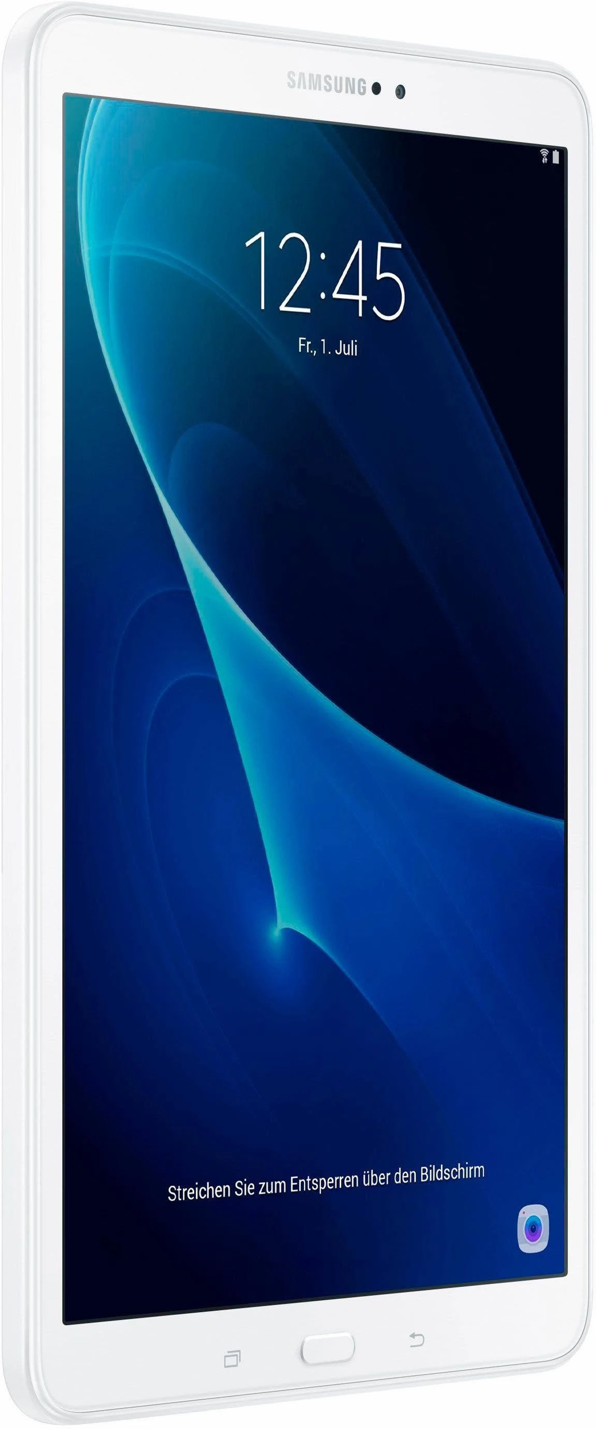 Weißes Samsung Tablet mit hellem blau-weißem Display, zeigt Zeit und Datum.