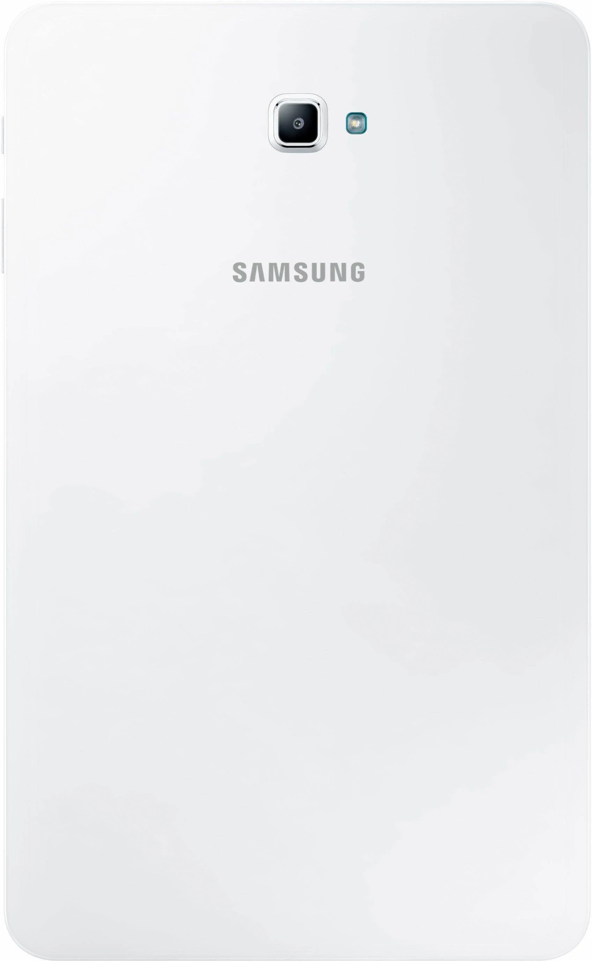 Weißes Samsung-Tablet, Rückansicht, mit Kamera und Logo.
