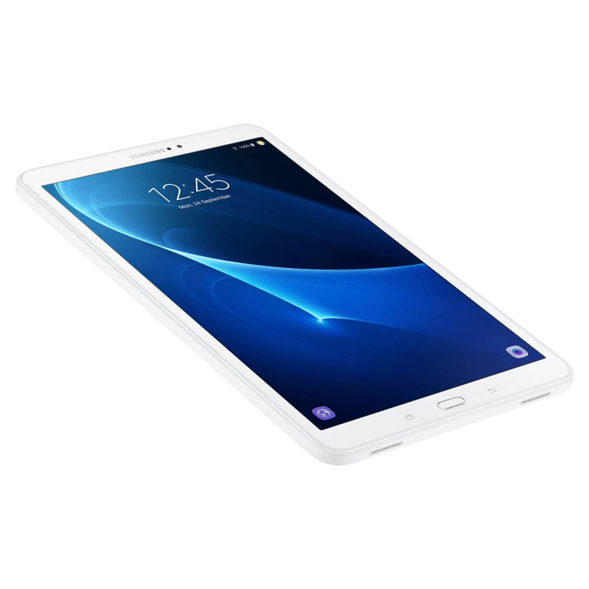 Ein weißes Samsung Tablet, Bildschirm mit Apps. Schräge Ansicht.