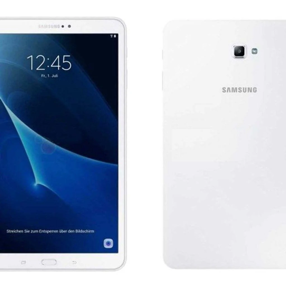 Weißes Samsung-Tablet mit blauem Bildschirm, der eine Grafik anzeigt, und Rückseite des Tablets.