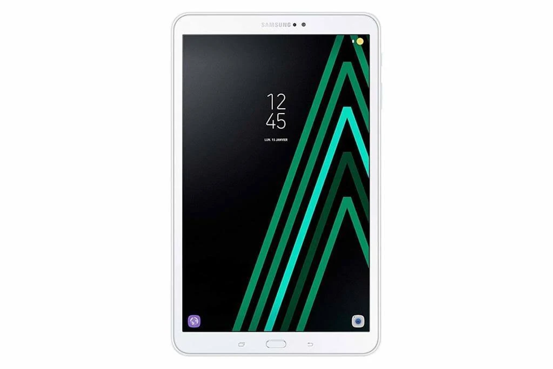 Weißes Tablet mit schwarzem Bildschirm, der ein grünes Muster an der Seite zeigt.