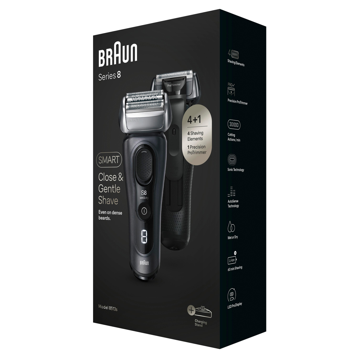 Eine schwarze Schachtel eines elektrischen Rasierers Braun Series 8, mit Produktdetails.