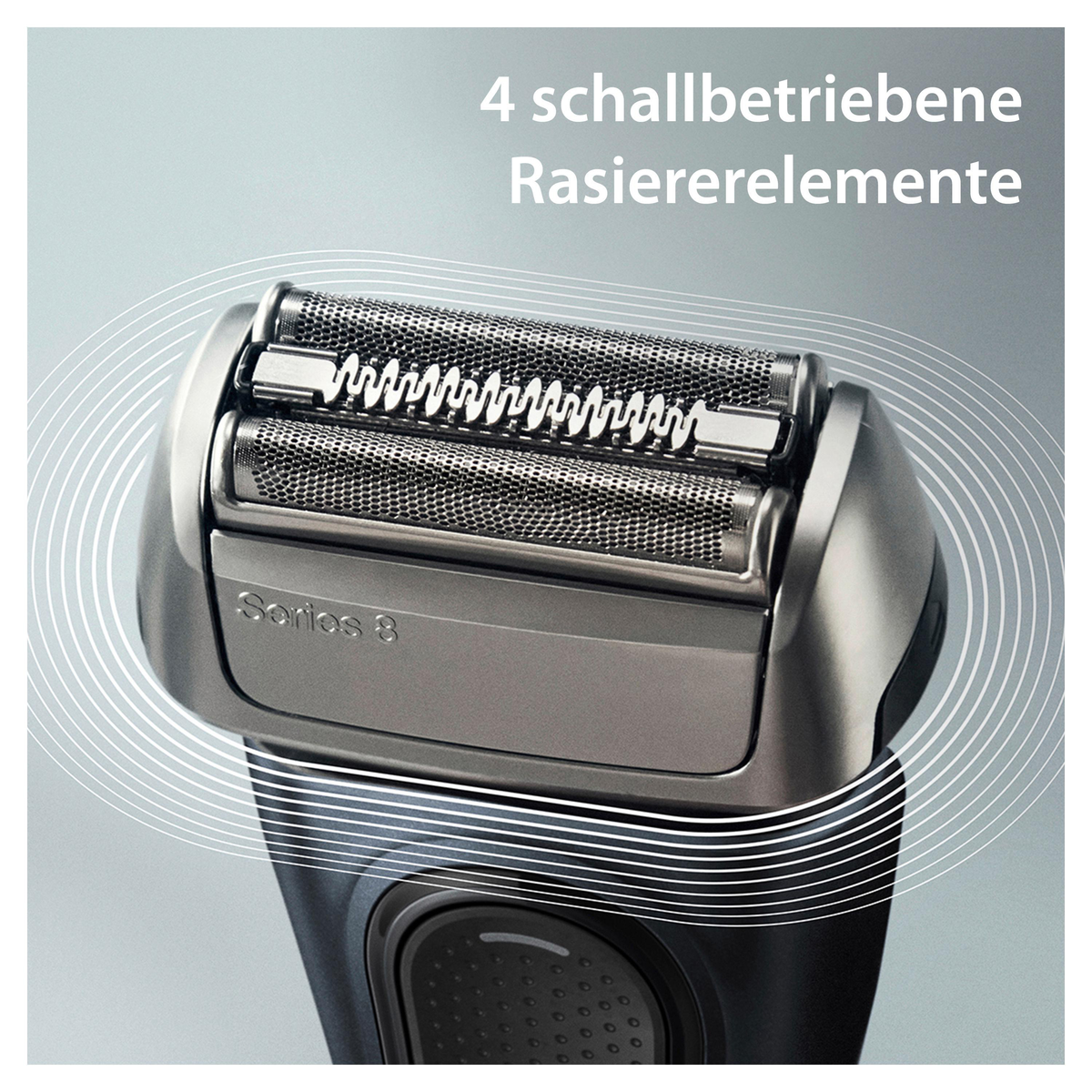 Nahaufnahme eines silbernen Elektrorasiererkopfes mit dem Text 4 Schallbetriebene Rasiererelemente.