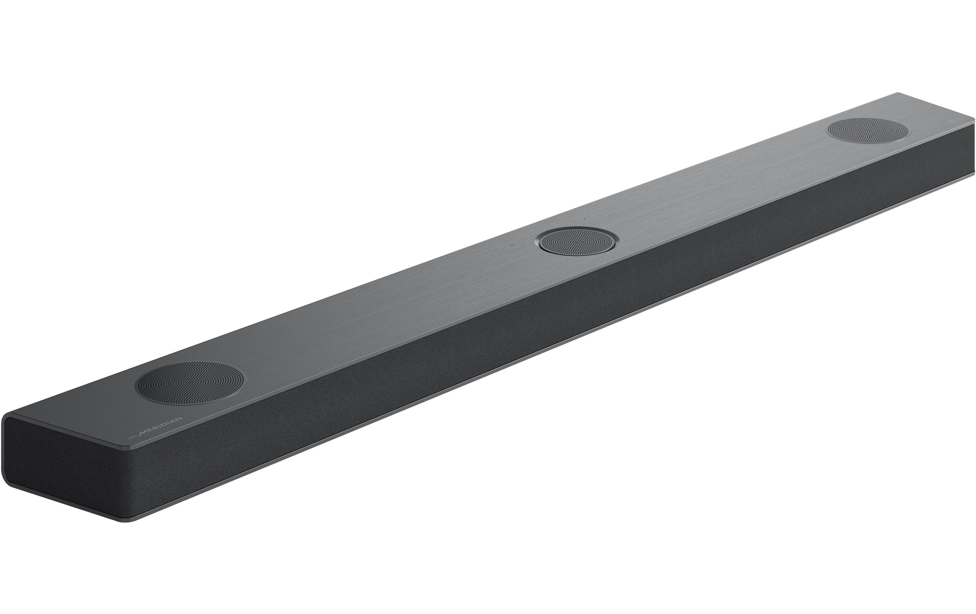Lange, dunkelgraue Soundbar mit kreisförmigen Lautsprechern und schwarzem Mesh.