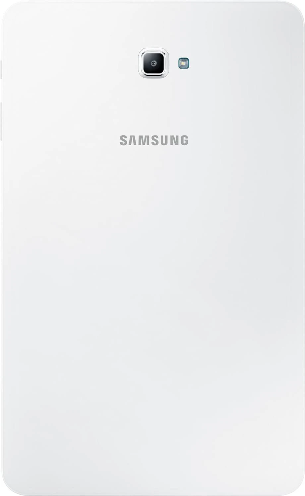 Biały tablet Samsung, widok z tyłu, z aparatem i logo. Białe tło.