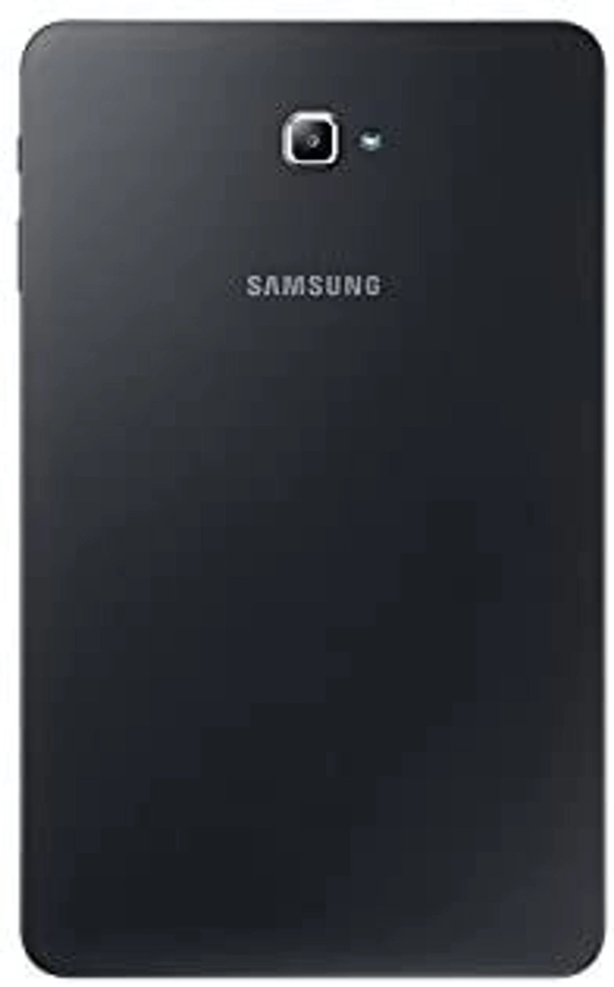 Tył czarnego tabletu z obiektywem aparatu i logo Samsung.