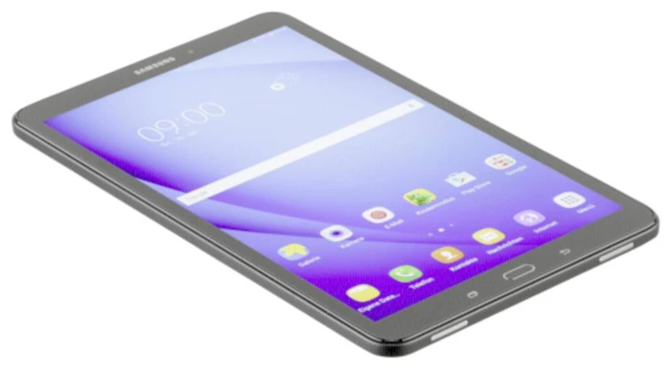 Tablet z włączonym ekranem, pokazujący aplikacje i godzinę 09:00, szara ramka.