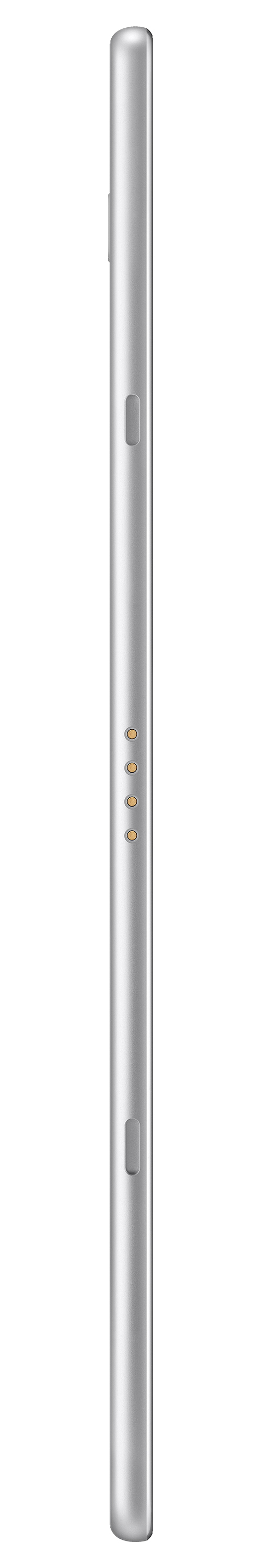 Die Seitenansicht eines silbernen Tablets mit glatter, metallischer Oberfläche.