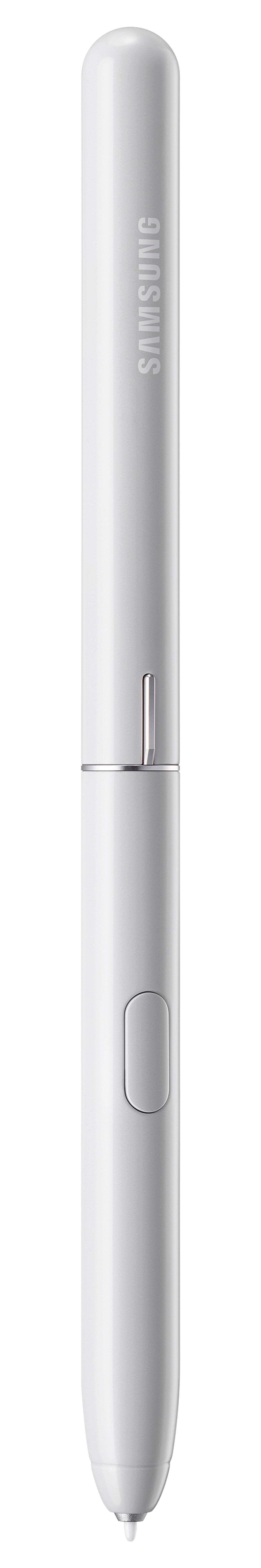 Weißer Samsung-Eingabestift auf weißem Hintergrund. Der Stift ist vertikal.