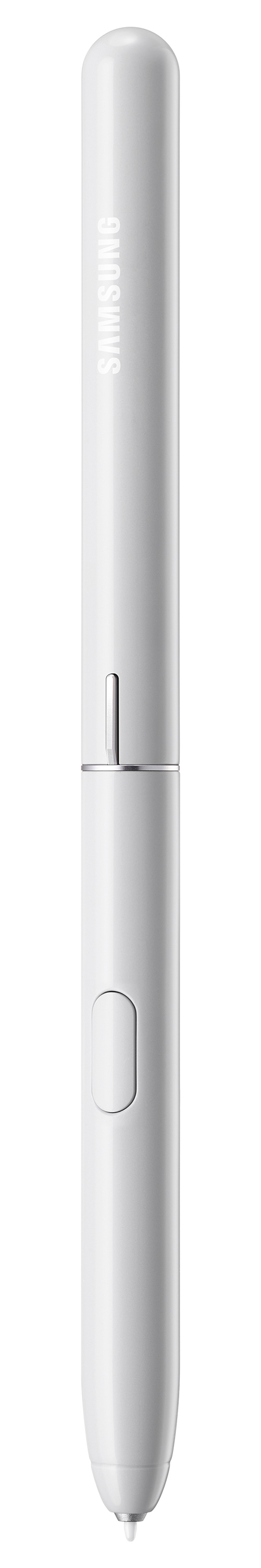 Weißer Stift mit SAMSUNG-Logo, zylindrisch mit Knopf. Weißer Hintergrund.