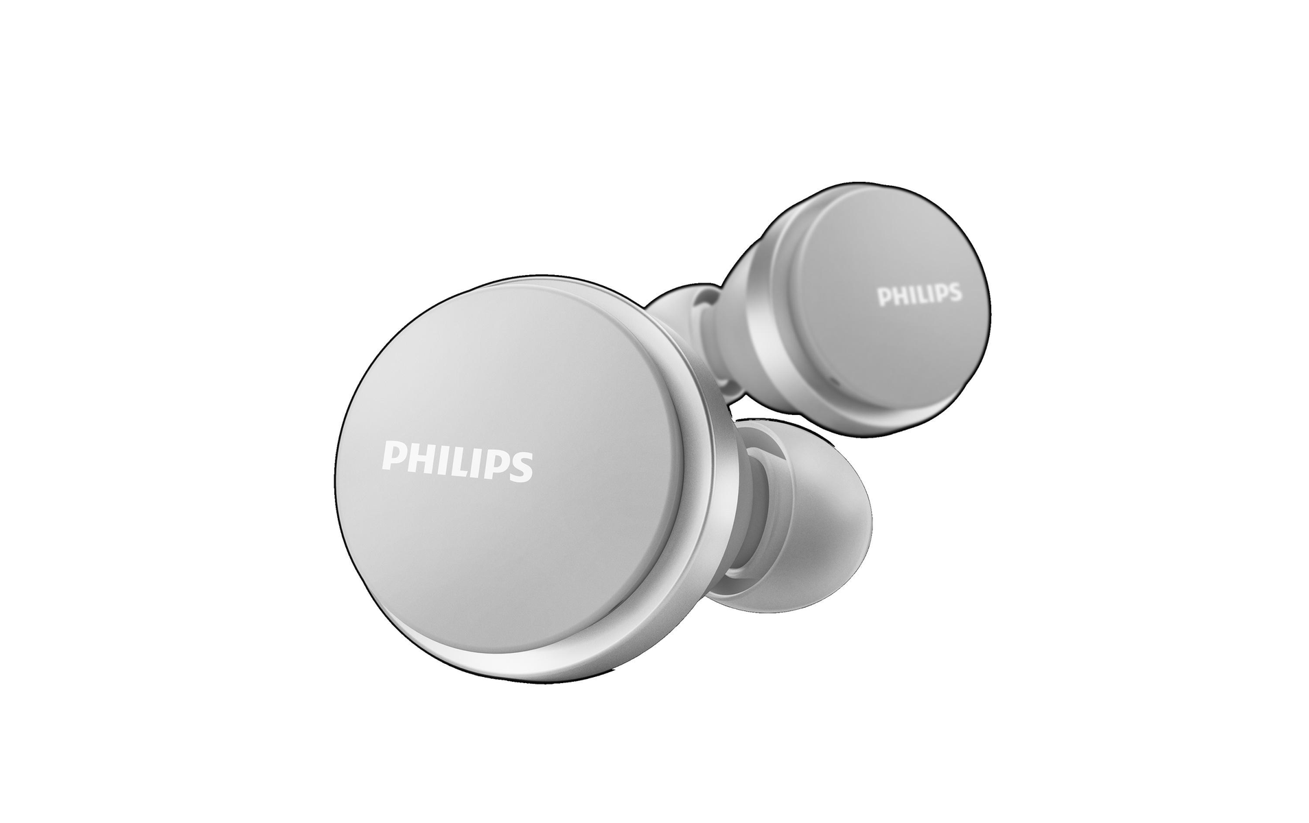 Silberne Ohrhörer mit der Marke 'PHILIPS' auf dem Gehäuse, freigestellt auf Weiß.