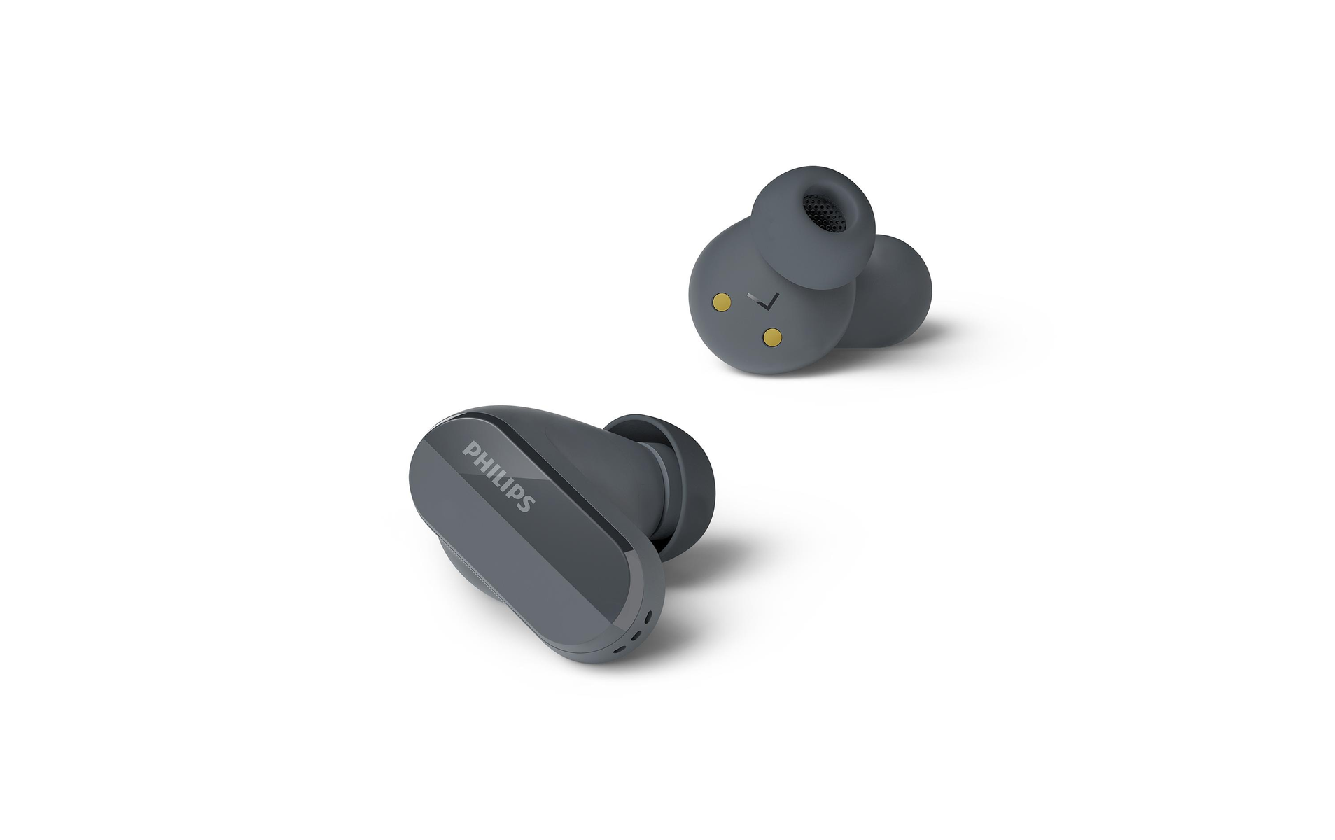 Dos auriculares inalámbricos Philips grises. Uno en el estuche, el otro fuera del estuche.