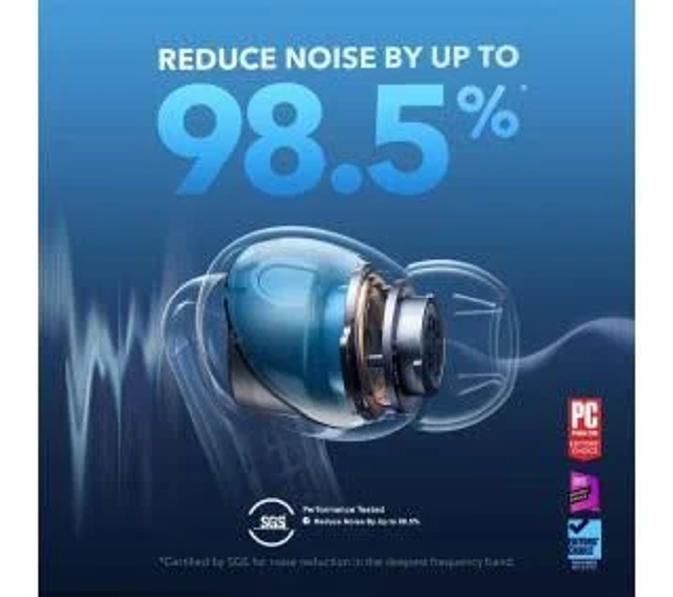 Słuchawka douszna, niebieska i srebrna, z tekstem mówiącym o redukcji szumów do 98,5% na niebieskim tle.