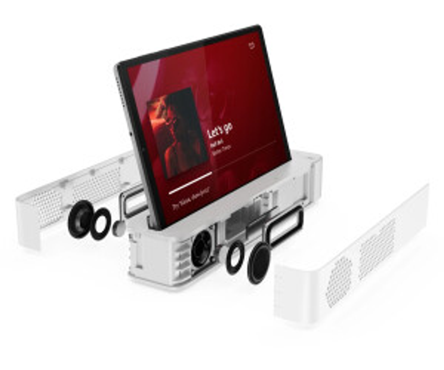 Tablet in weißem Halter mit Lautsprechern. Roter Bildschirm, Musikanzeige.