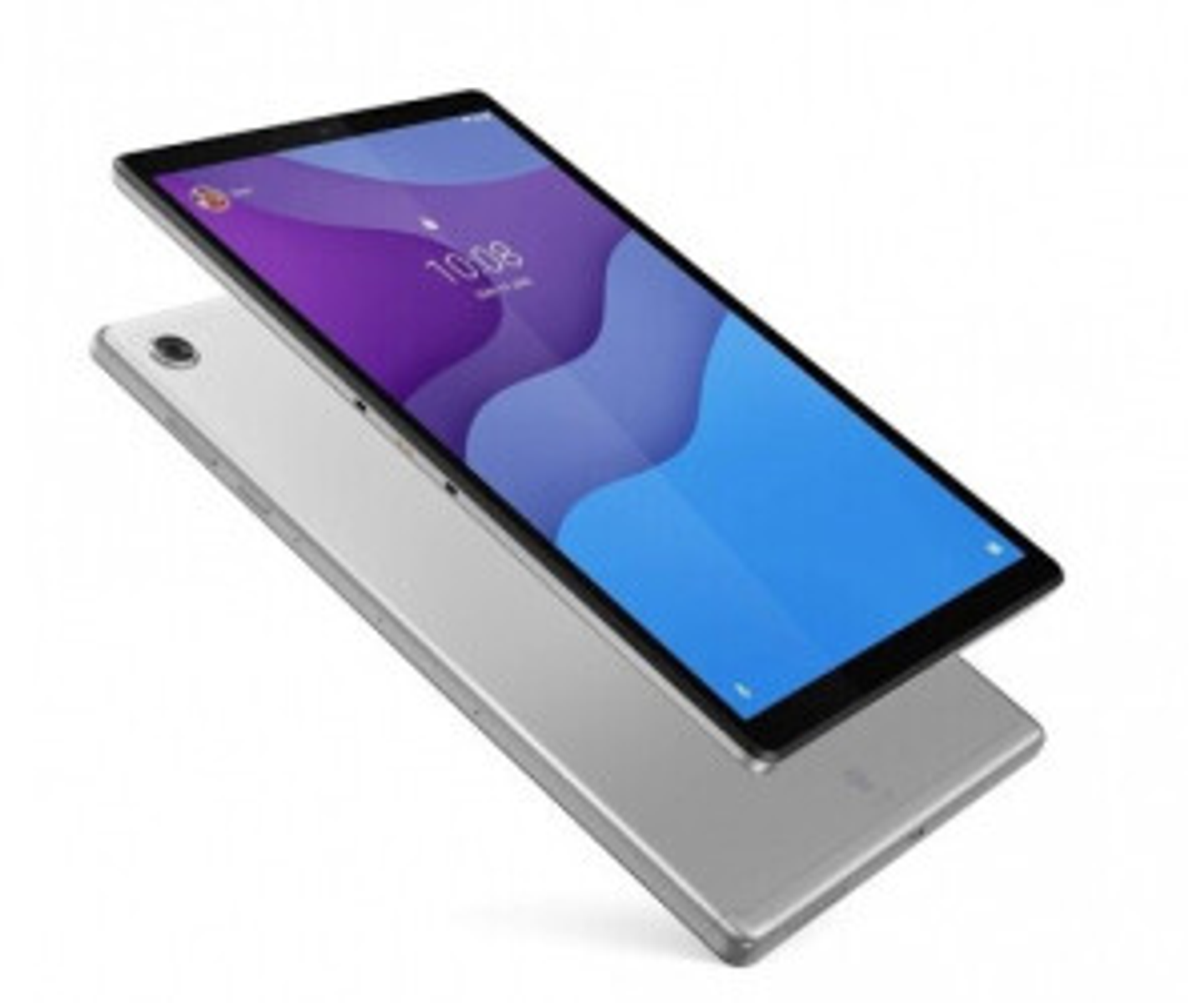 Zwei Tablets, eines silberfarbenes, eines mit blauem Bildschirm mit Uhr, auf weißem Hintergrund.