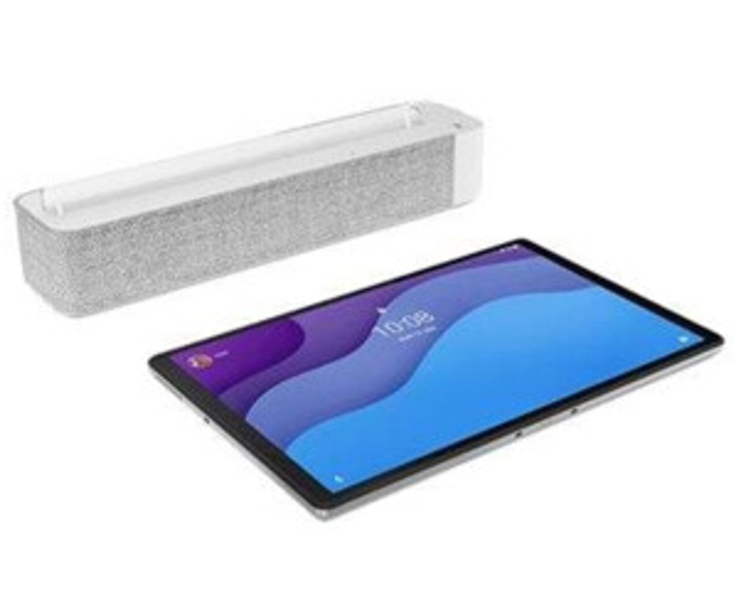 Tablet mit blauem Bildschirm, der die Uhrzeit anzeigt, und eine Lautsprecherdockingstation auf weißem Hintergrund.