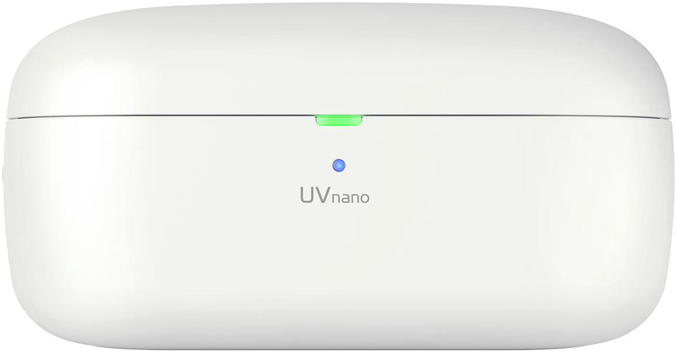 Weißes UVnano-Gerät. Es hat ein grünes Licht oben und ein blaues Licht darunter.