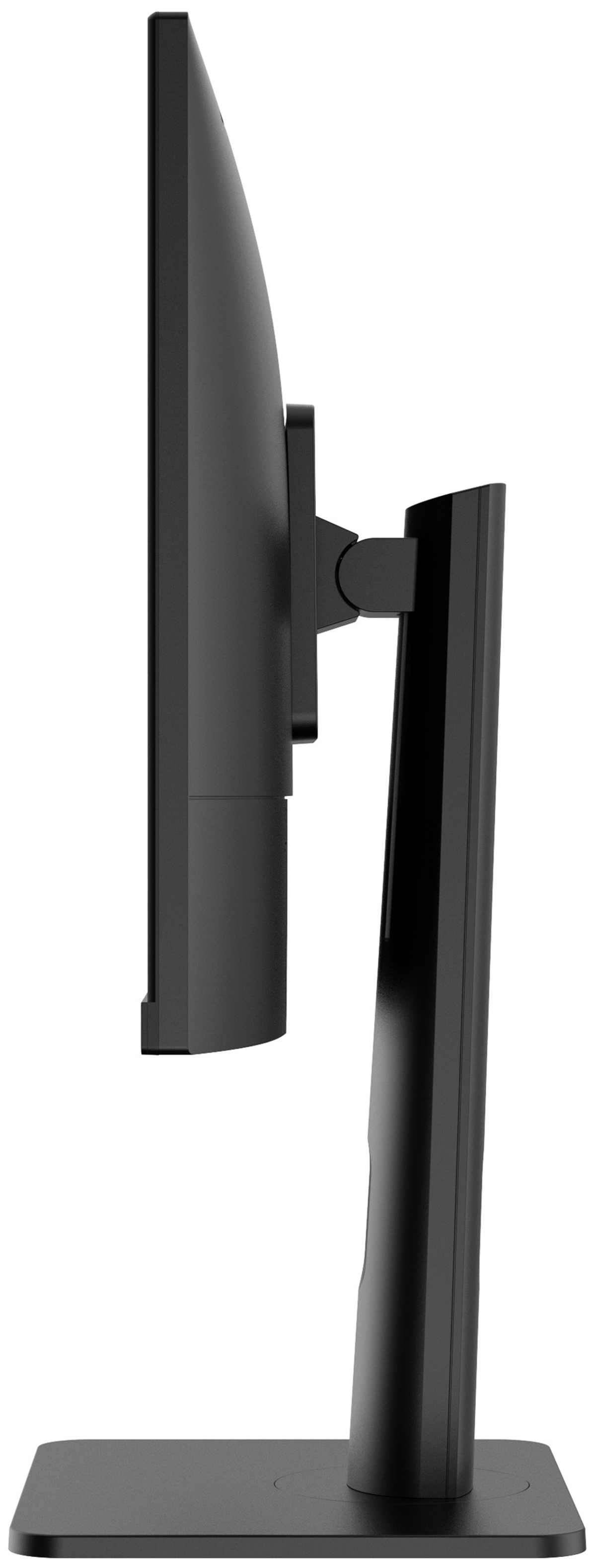 Moniteur d'ordinateur noir sur un support, vue latérale.