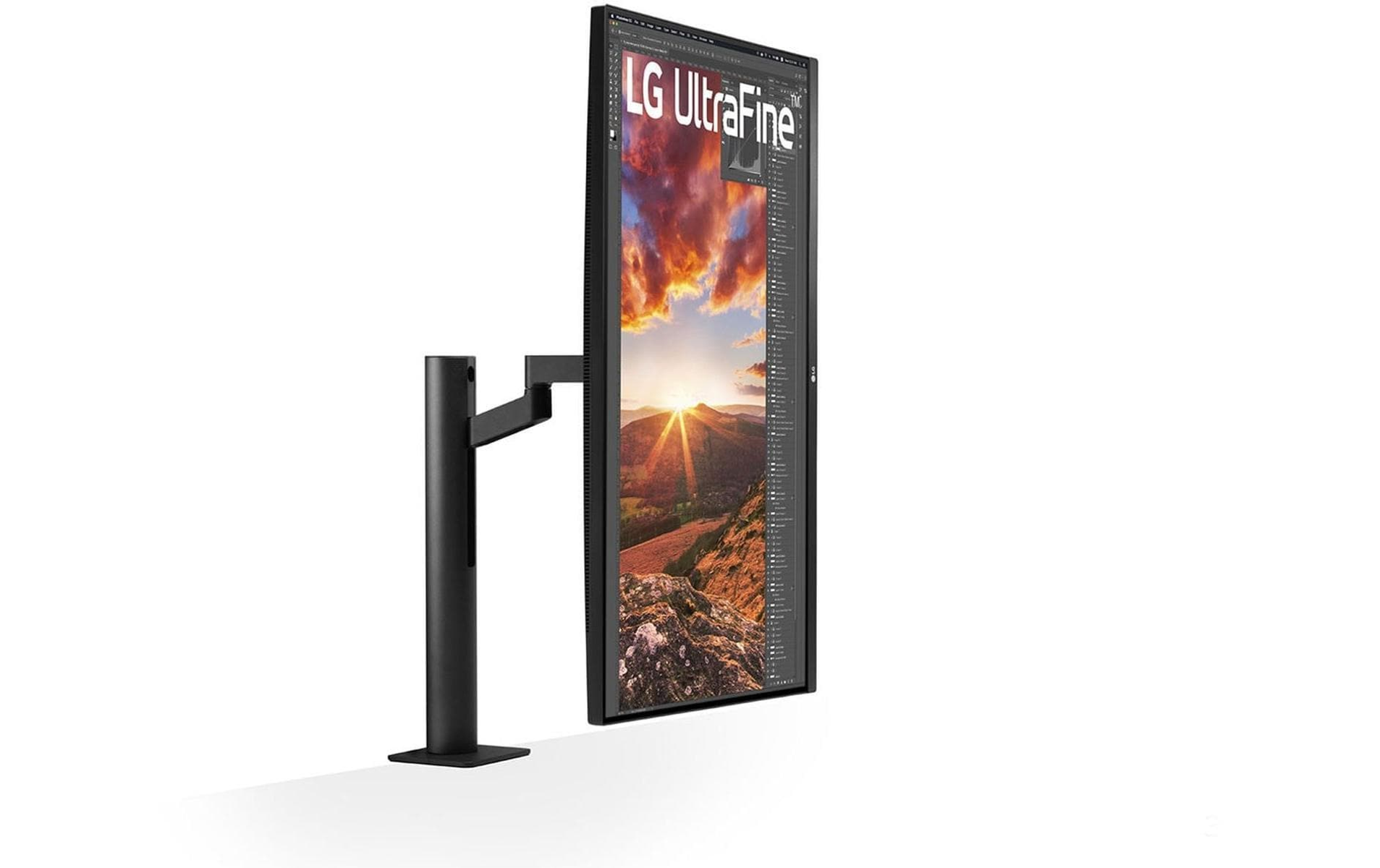 Monitor LG nero su supporto nero. Lo schermo mostra un paesaggio colorato con strumenti di editing.
