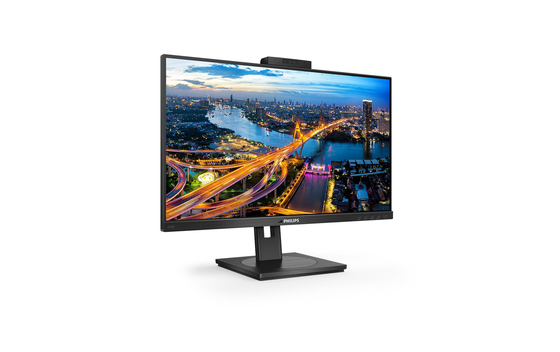 Monitor Philips wyświetlający krajobraz miejski z mostem. Monitor ma czarną podstawę.