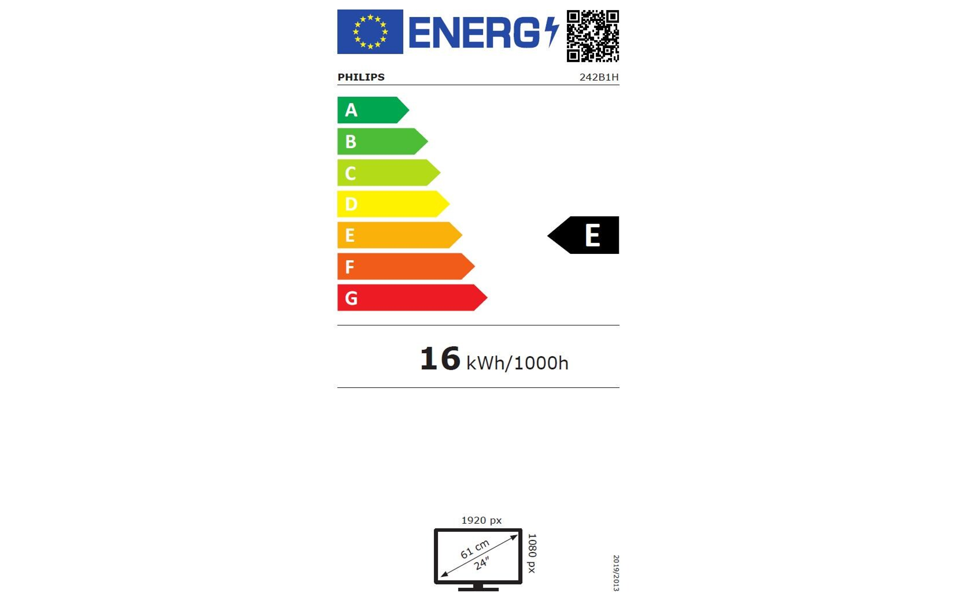 Etykieta energetyczna pokazująca klasę efektywności energetycznej monitora Philips.