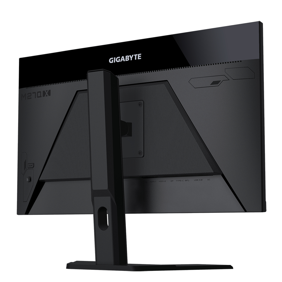 Vista posteriore del monitor nero. Logo Gigabyte, porte in basso.
