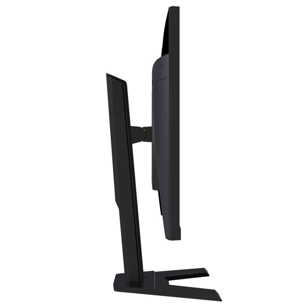 Vista laterale di un monitor nero. Ha un profilo sottile e un supporto.