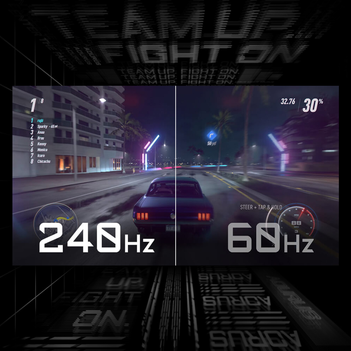 Due schermi, uno con 240Hz, l'altro con 60Hz, mostrano un gioco di corse automobilistiche.