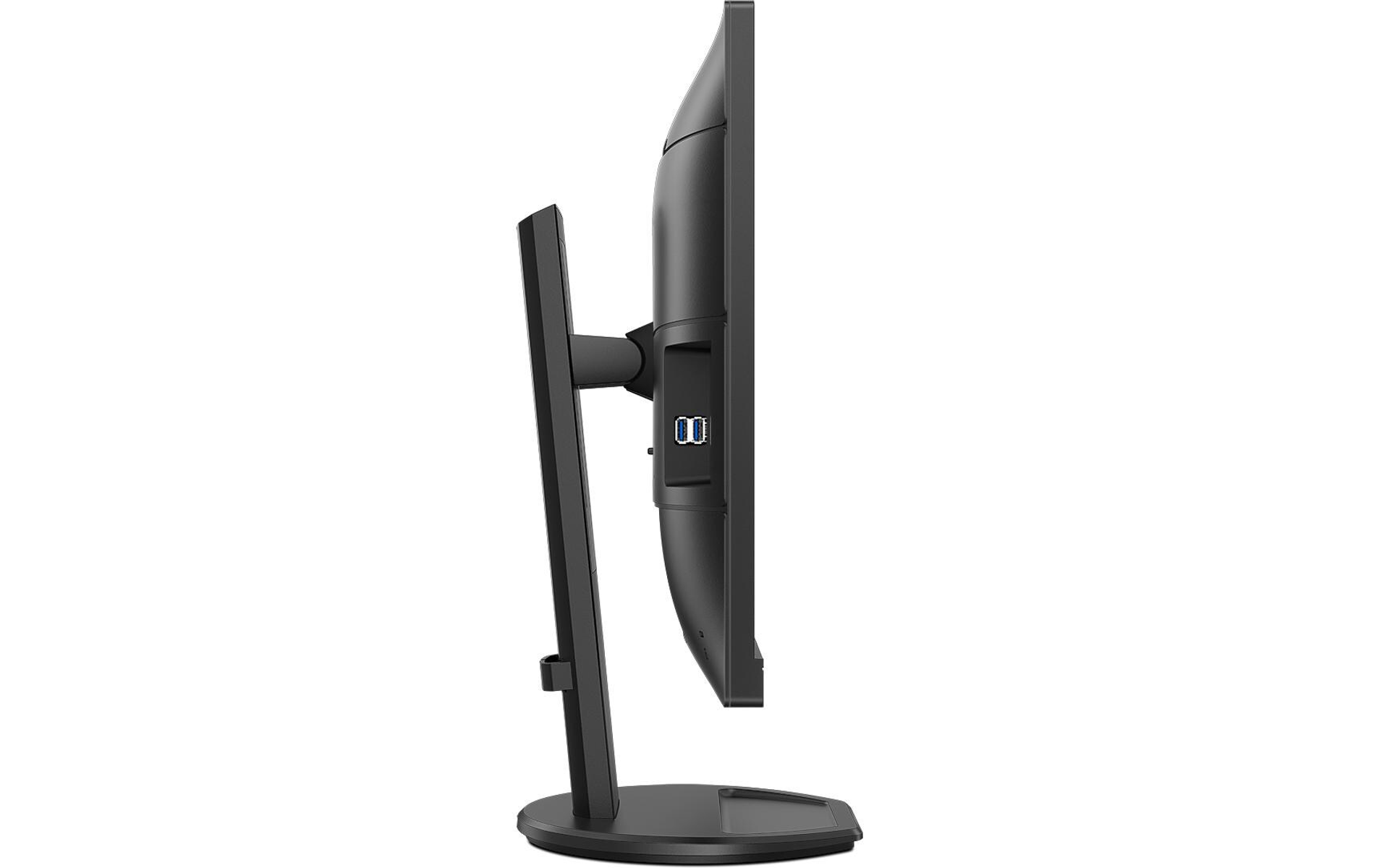Czarny monitor komputera z boku ze stojakiem, portami i białym tłem.