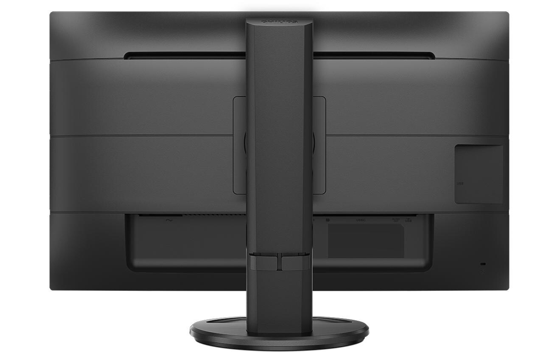 Tył czarnego monitora Philips z centralną podstawą i portami.