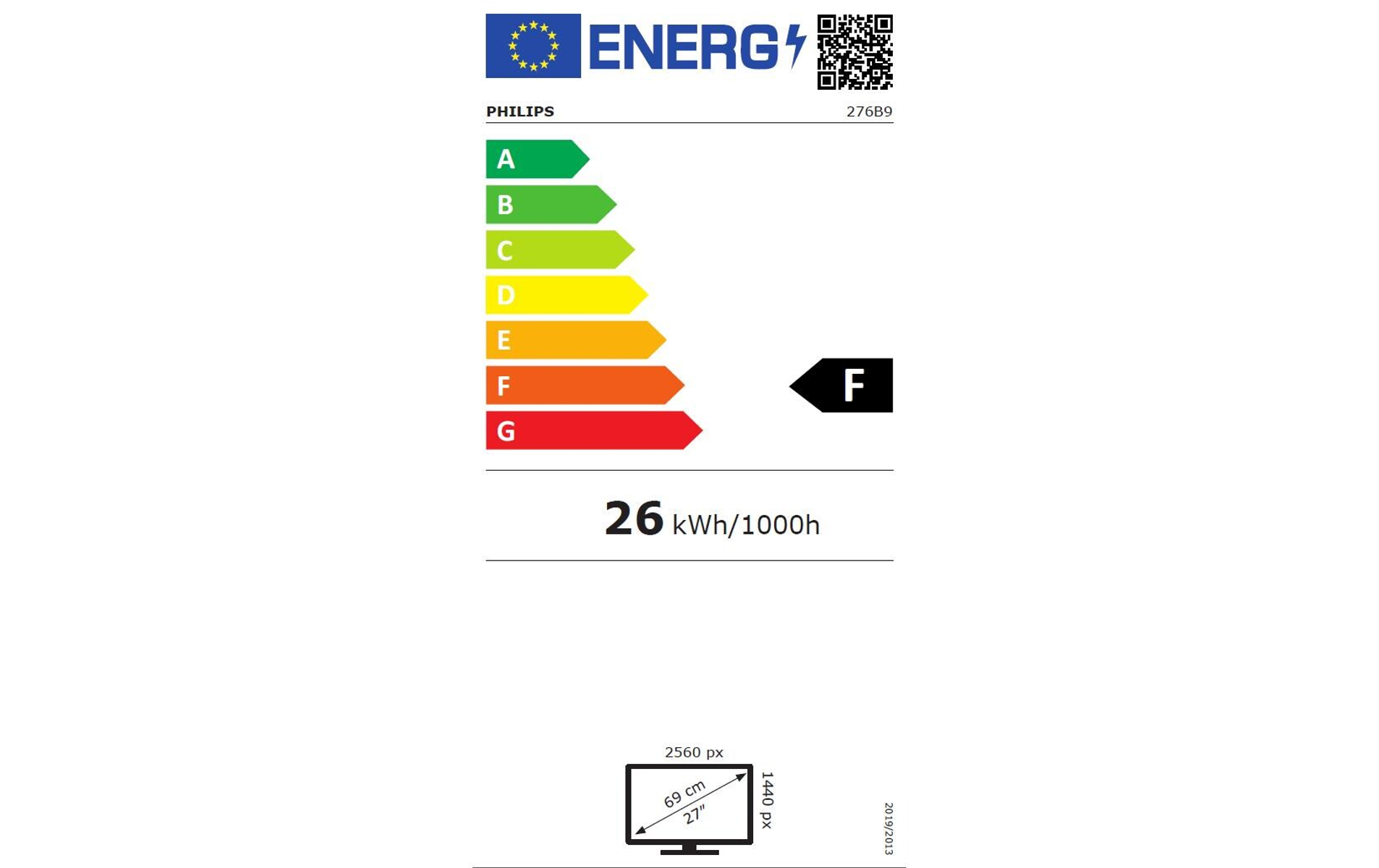 Etykieta energetyczna z ocenami. F jest podświetlone. Wyświetla 26 kWh/1000h i wymiary.