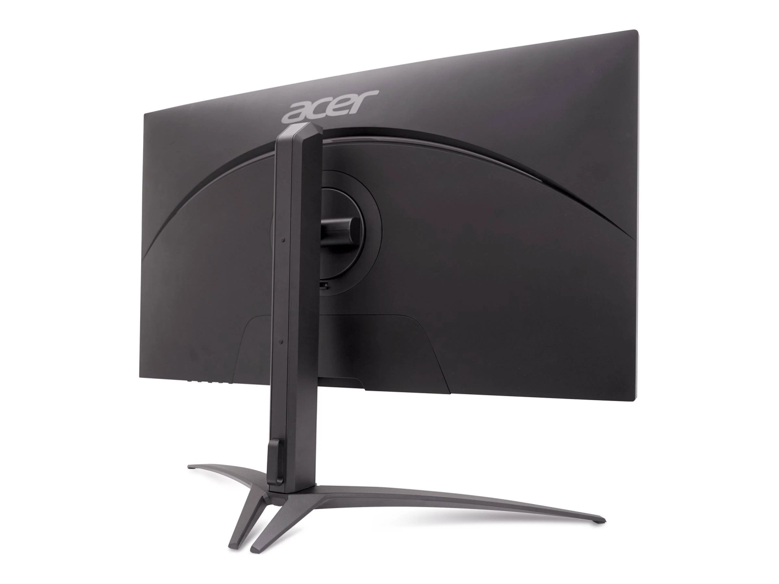 Tył czarnego monitora Acer, pokazujący podstawę i logo Acer na białym tle.