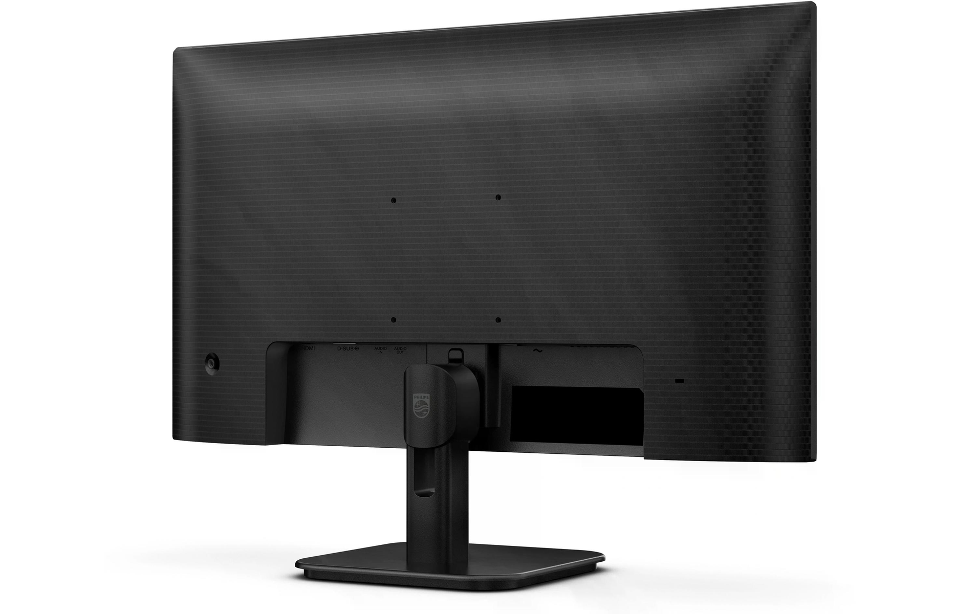 Widok z tyłu czarnego monitora komputerowego z portami i stojakiem.