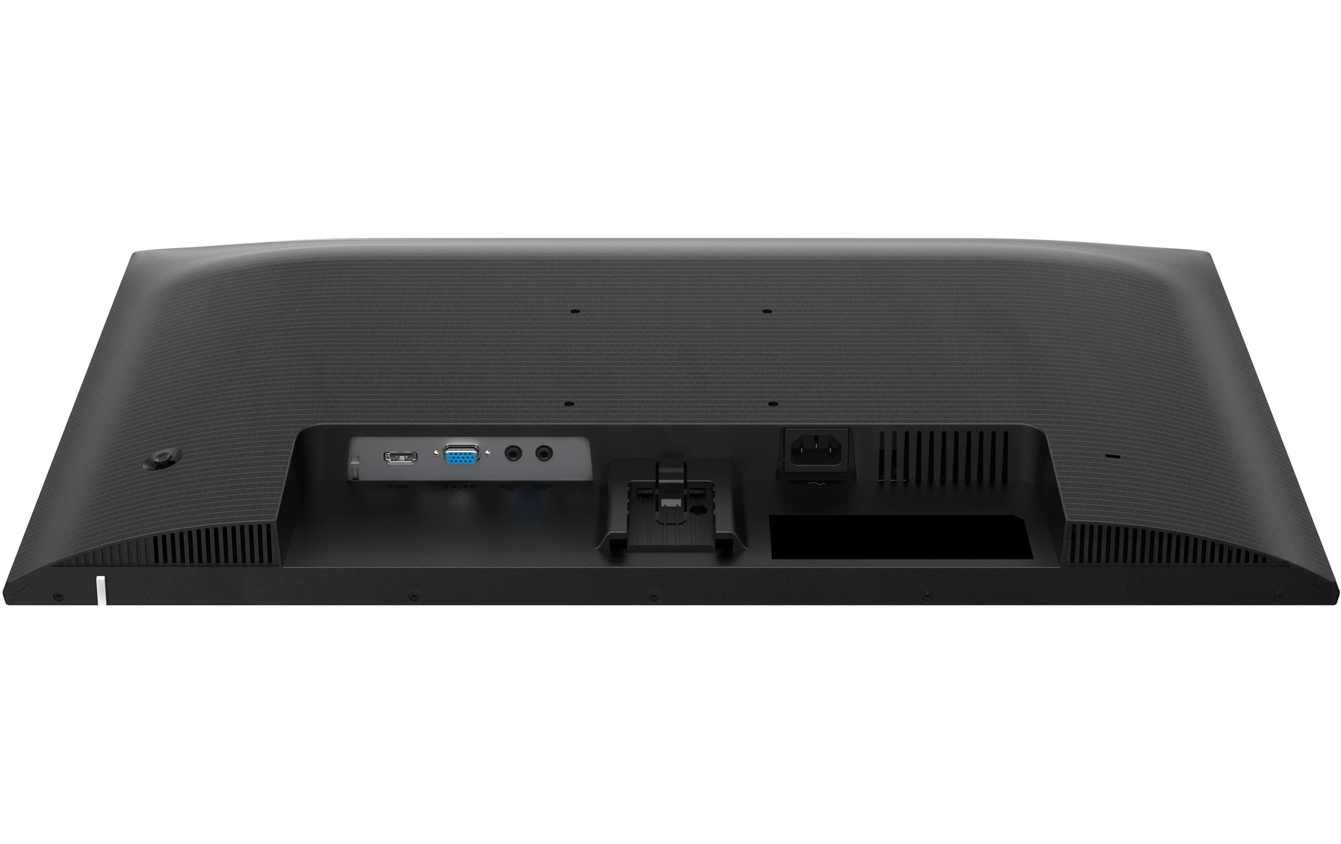 Widok z tyłu czarnego monitora komputera pokazujący porty i połączenia.