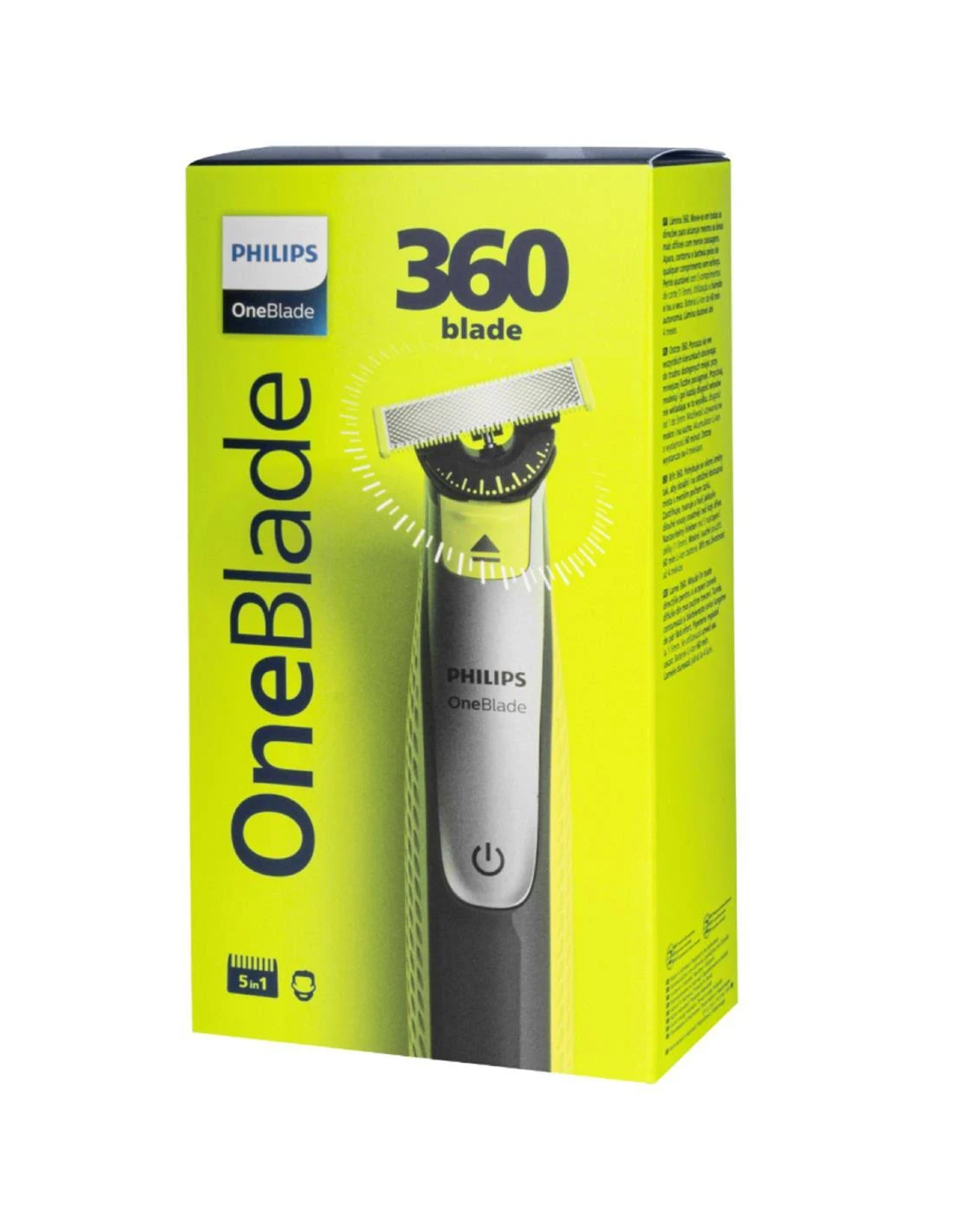 Żółto-zielone pudełko Philips OneBlade pokazujące golarkę i informacje o produkcie.