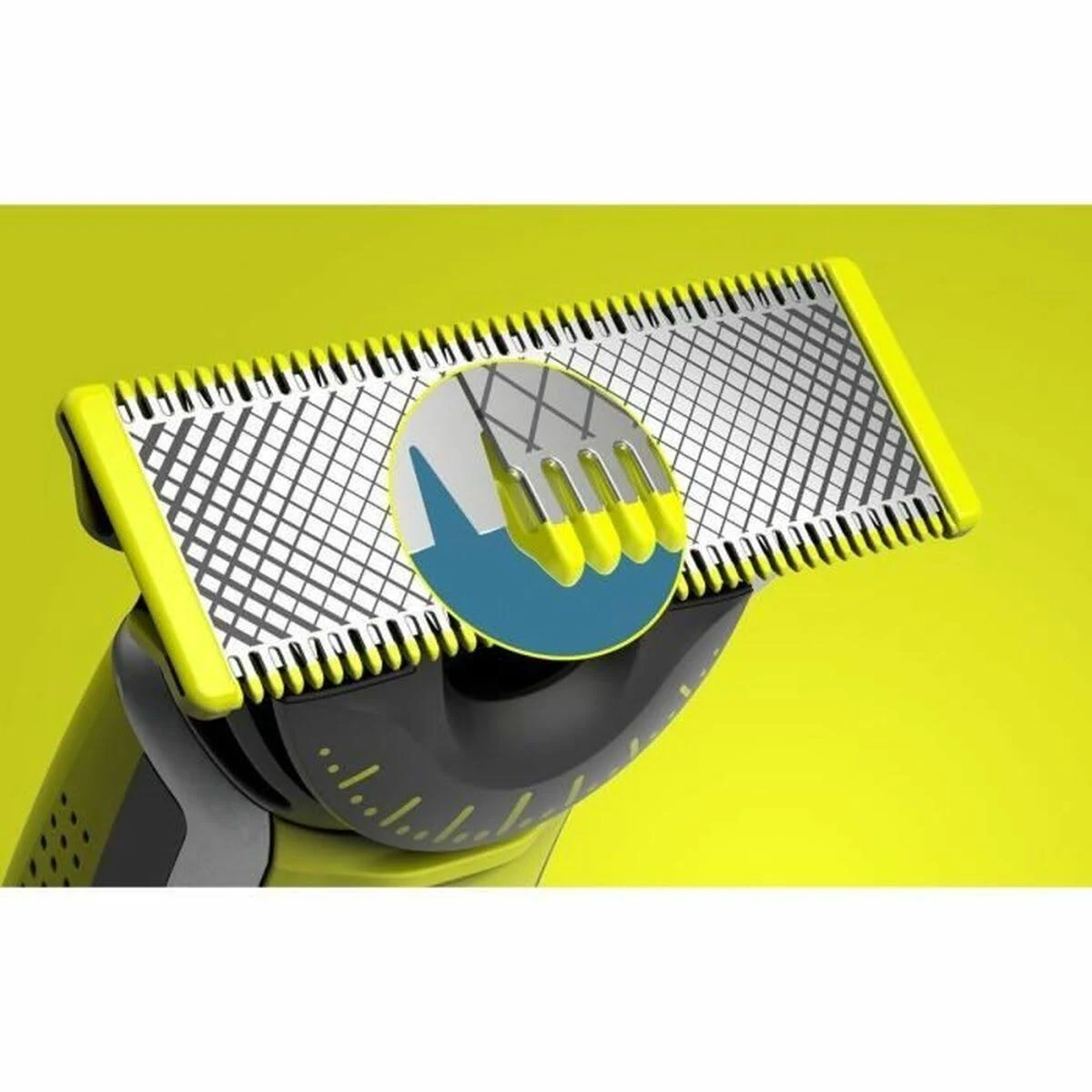 Zbliżenie ostrza żółto-czarnej golarki elektrycznej, z przekrojem pokazującym wewnętrzne ostrza.