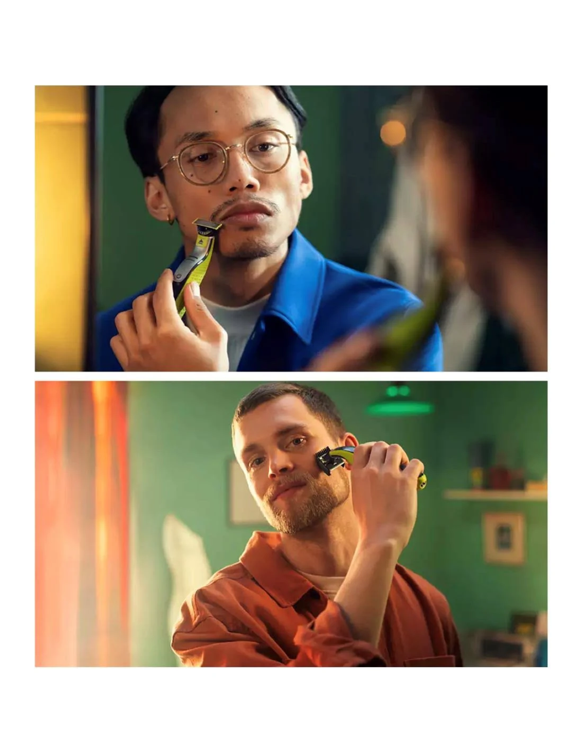 Dwóch mężczyzn goli się zielono-czarnym urządzeniem Philips, jeden przed lustrem.