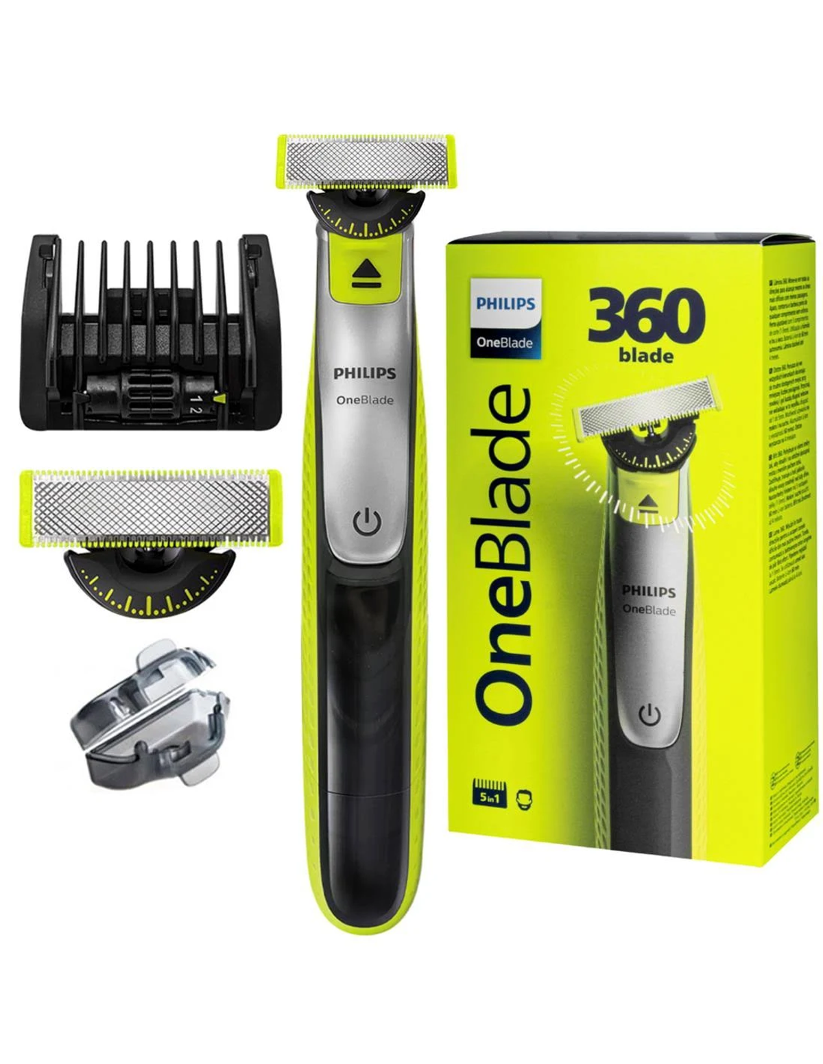 Golarka Philips OneBlade z akcesoriami i opakowaniem. Dominują kolory zielony i czarny.