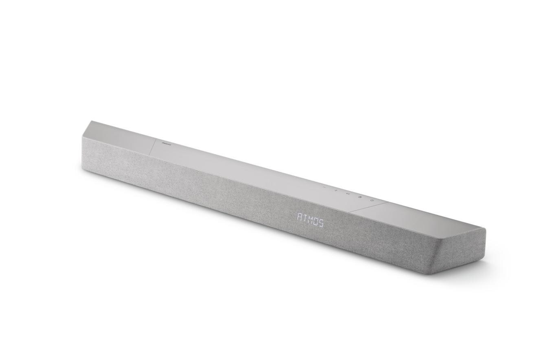 Eine lange, graue Soundbar mit dem Wort ATMOS auf weißem Hintergrund.