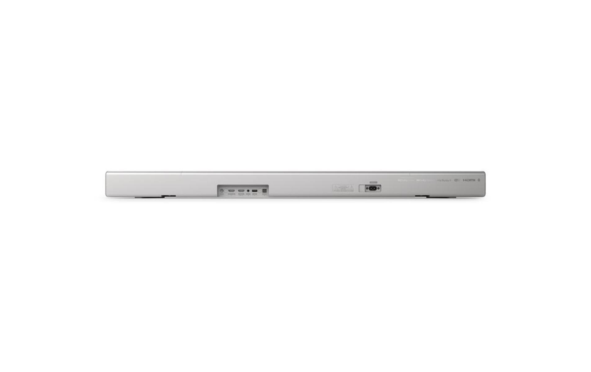 Soundbar-Rückansicht mit Anschlüssen und Beschriftungen, weißer Hintergrund.